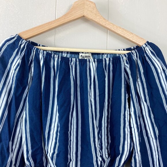 Show Me Your Mumu Navy Blue and White Striped Off Sleeve Crop Top Size X-Small - Picture 2 of 7